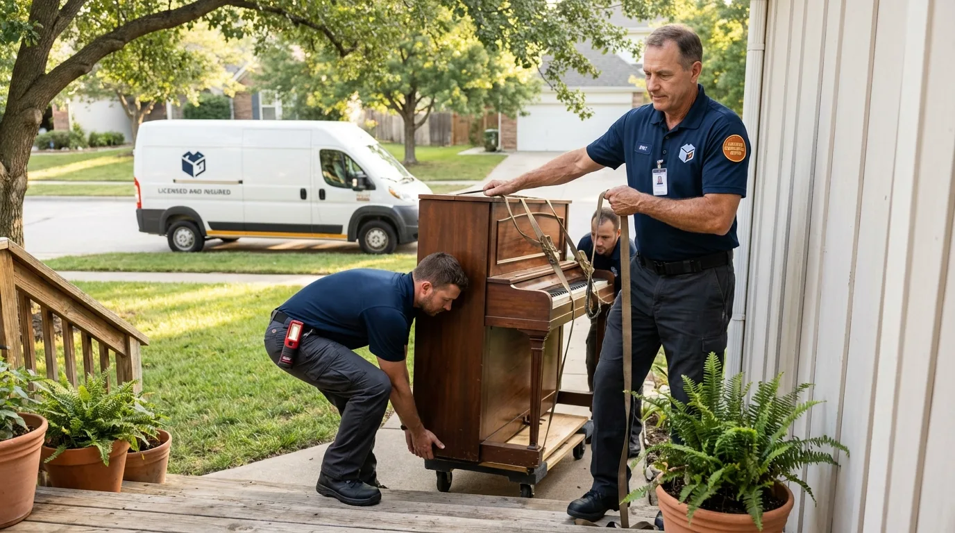 Licensed piano movers securing grand piano in Fort Bragg, CA