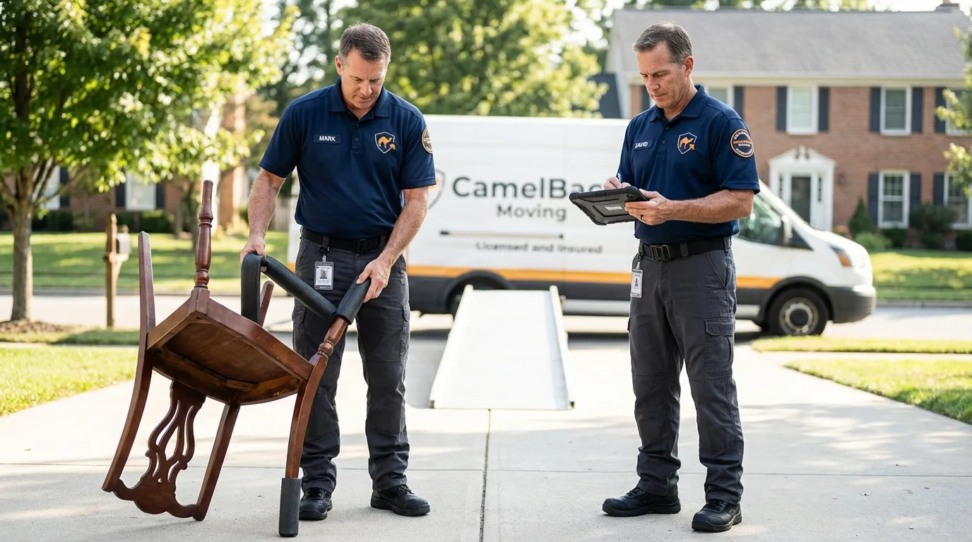 Movers inspecting furniture for damage prevention before loading in Fort Bragg, CA